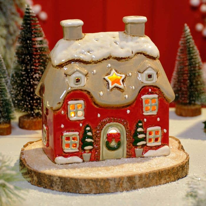 Portacandela per tealight Casetta di Natale rossa 18,5x19 cm