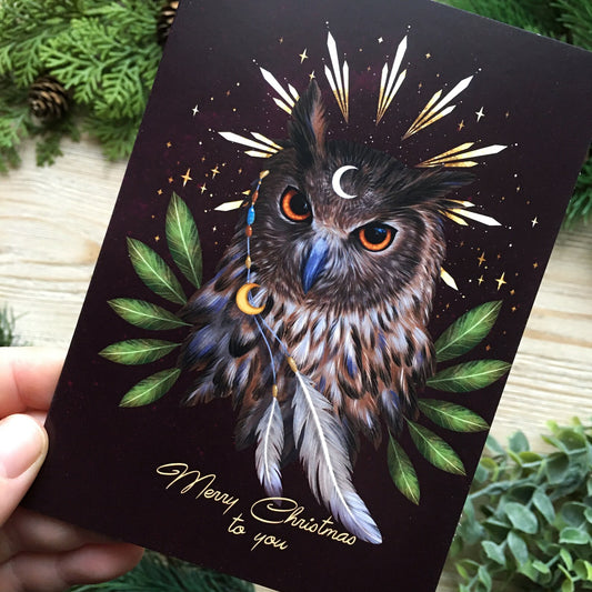 cartolina natalizia illustrazione civetta