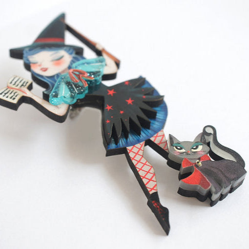 spilla artigianale strega e gatto nero