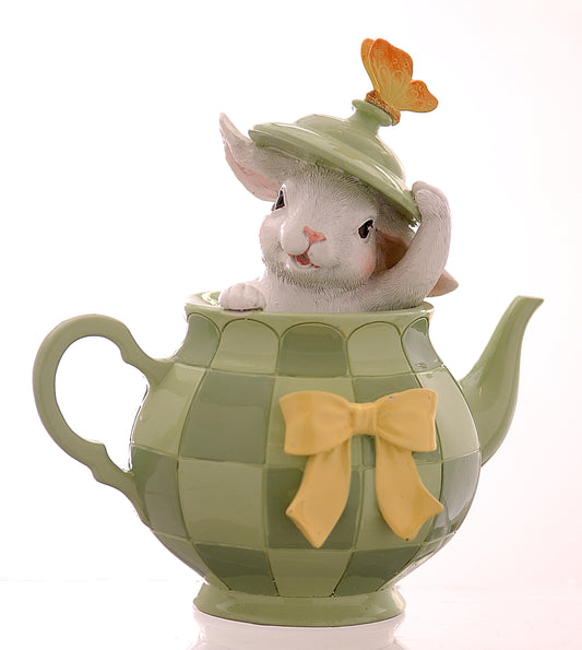 decorazione casa teiera verde fiocco giallo con dentro coniglio che sbuca fuori