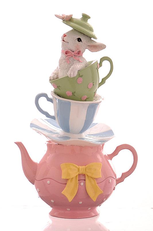 decorazione teiera rosa con tazze tè con coniglio bianco