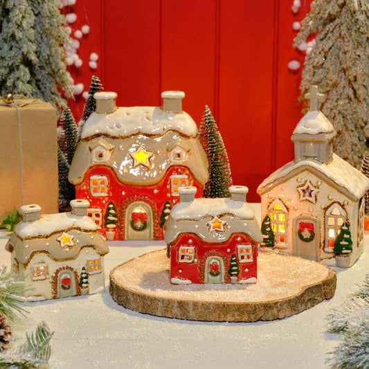 Portacandela per tealight Casetta di Natale in gres rosso a rilievo