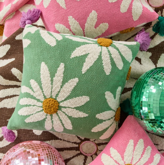 Cuscino verde in cotone con Margherite
