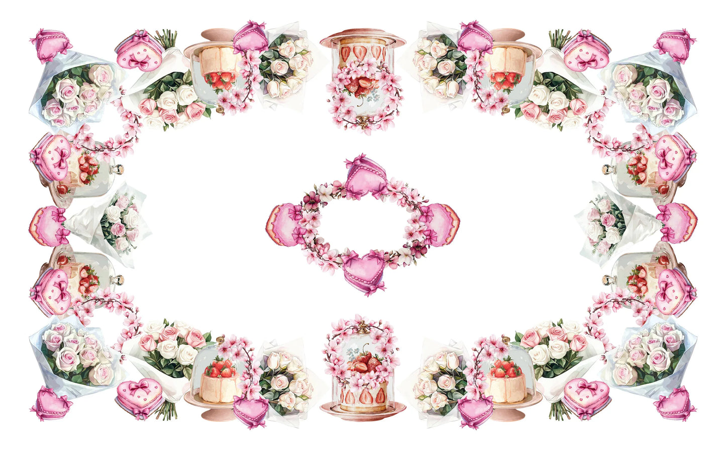 tovaglia 150 x 180 con dolci e cuori rosa