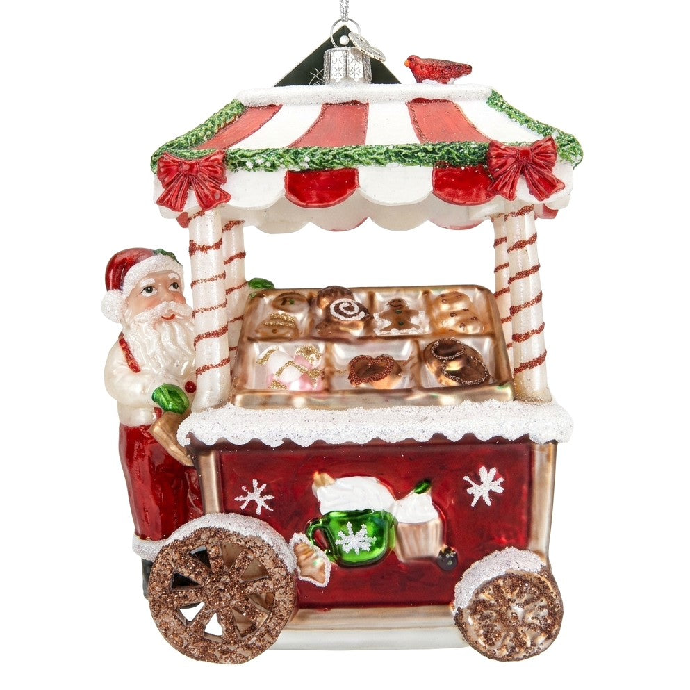 Addobbo natalizio Babbo Natale al banchetto dei dolci, con tendina a righe rosse e bianche, biscotti e uccellino rosso