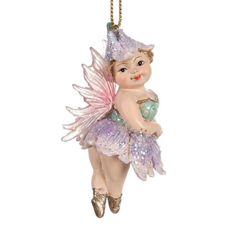 Fatina ballerina lilla e verde menta con tutù a petali glitterato e ali rosa, addobbo da appendere all’albero di Natale