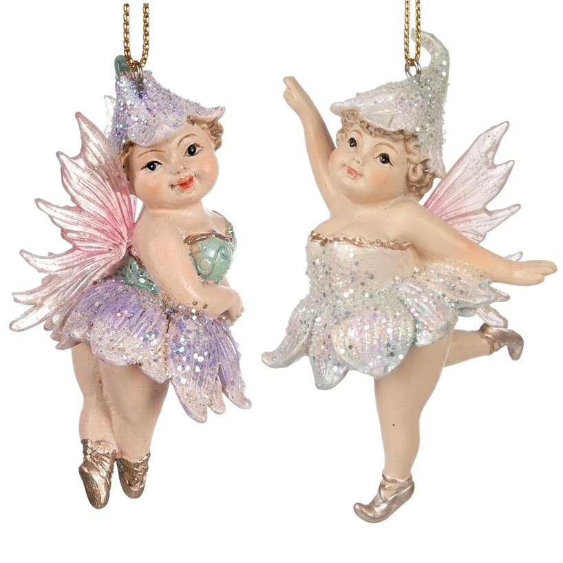 Due addobbi natalizi fatina ballerina, lilla e bianco perlato, con ali rosa e tutù glitterato, da appendere all’albero