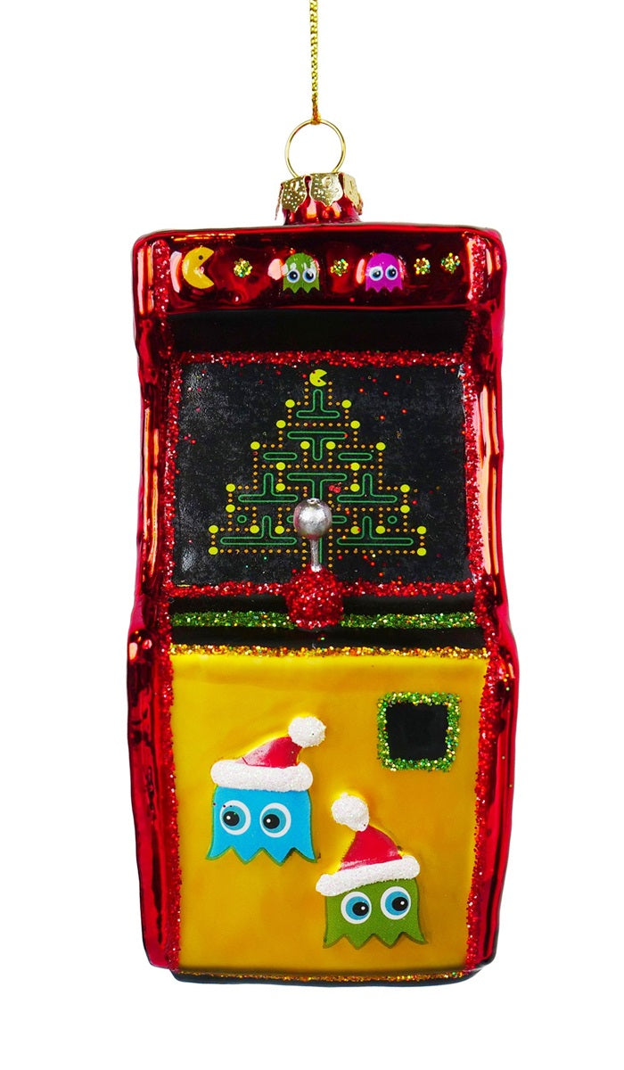 Addobbo di vetro a forma di cabinato arcade rosso con schermo a labirinto a forma di albero di Natale, joystick e due fantasmini con cappello da Babbo Natale