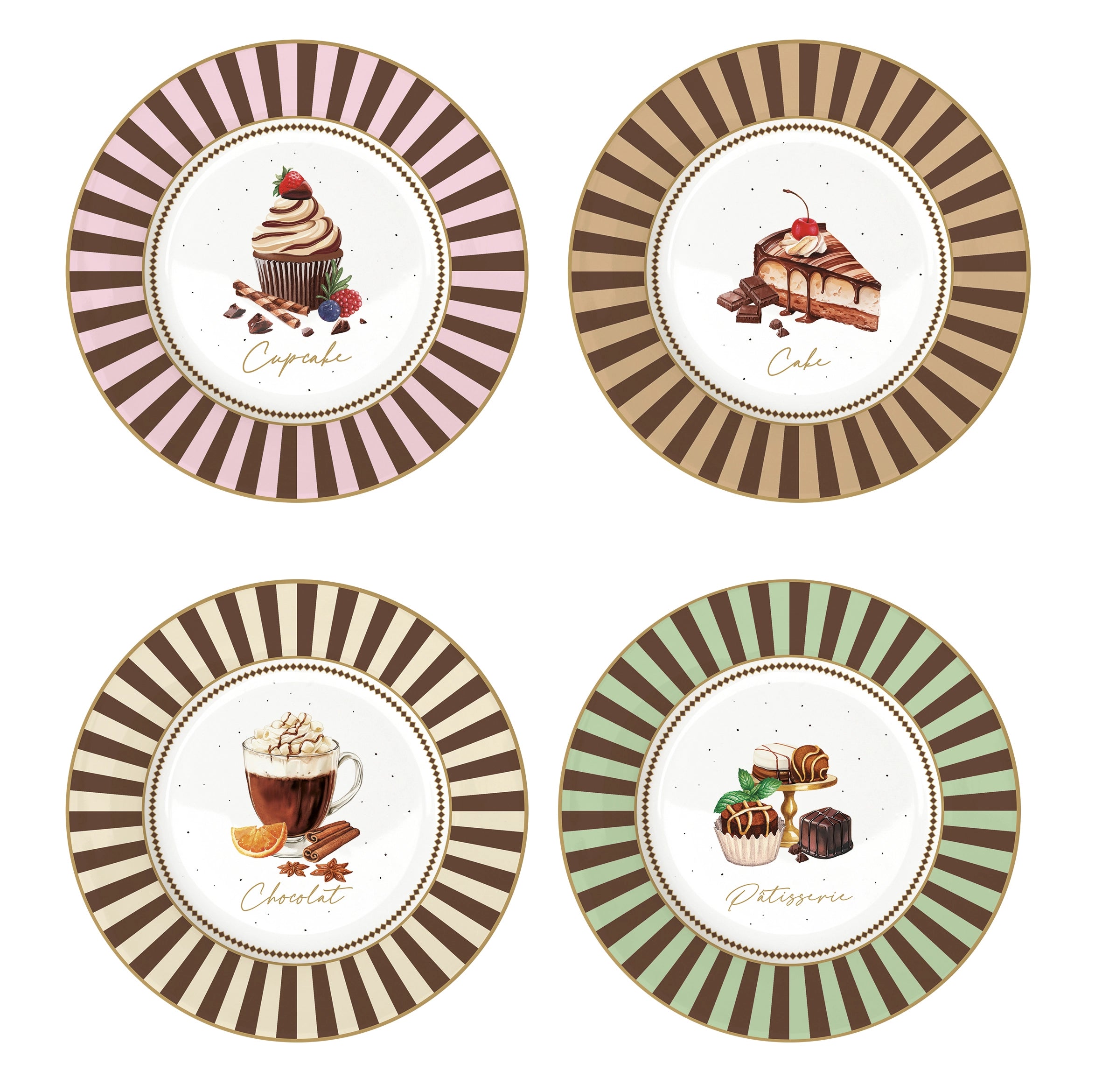 4 piatti da dolce a righe stile pasticceria retrò 