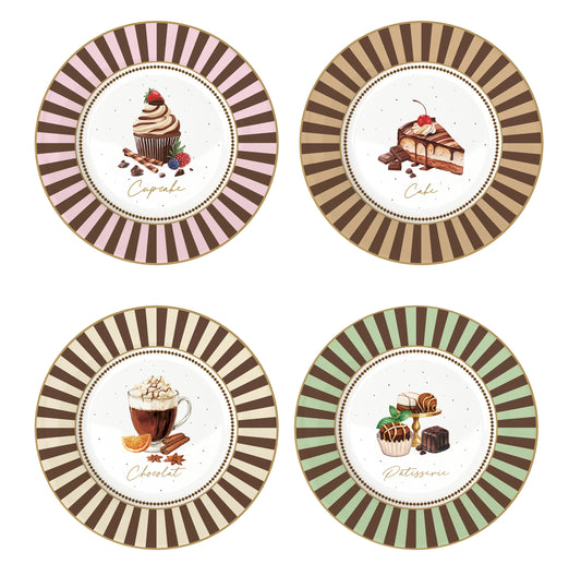 4 piatti da dolce a righe stile pasticceria retrò 