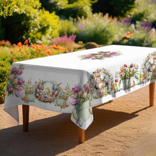 tovaglia pasquale 6 persone stampa coniglietti uova con tulipani