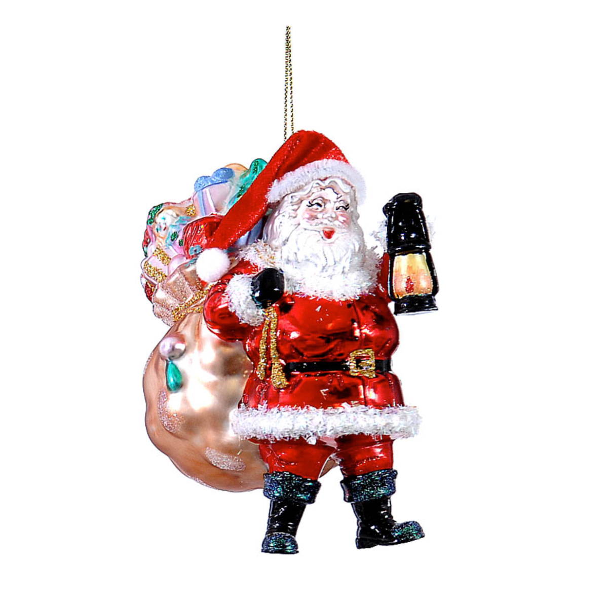 Addobbo di vetro Babbo Natale sorridente con lanterna nera in una mano e grande sacco dorato pieno di regali sulle spalle