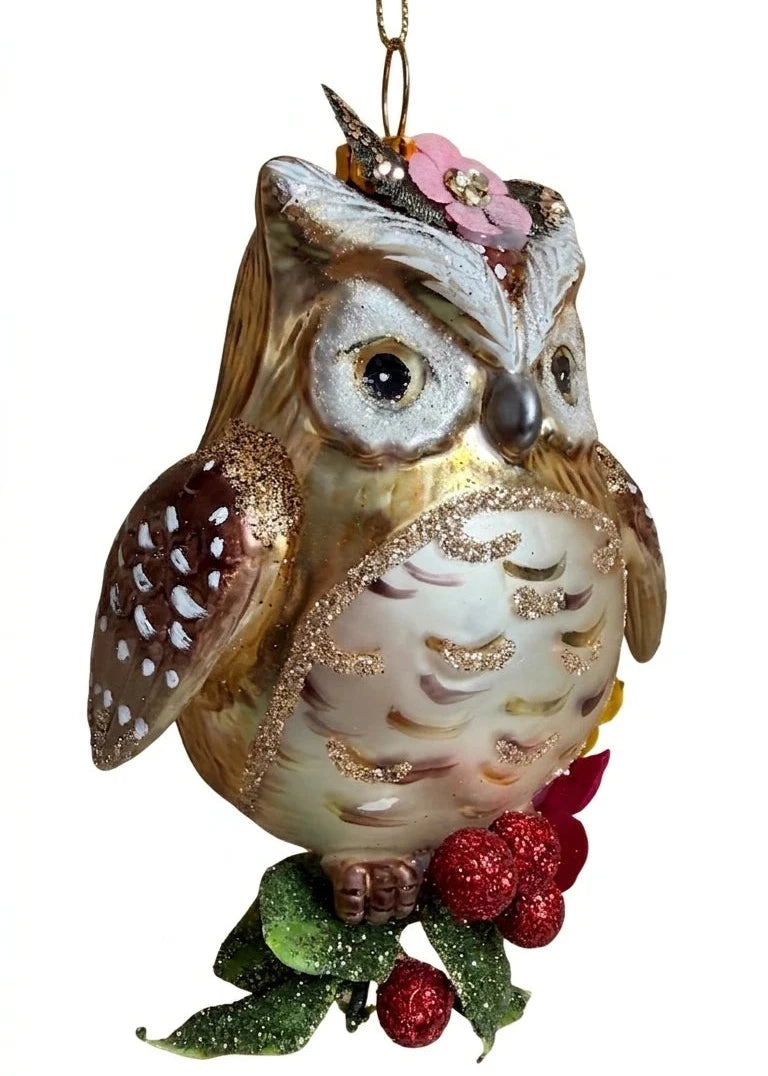 addobbo albero vetro animali gufo glitter