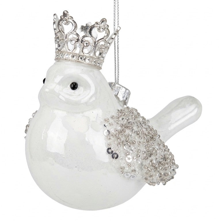 Addobbo natalizio in vetro a forma di uccellino bianco perlato con corona argentata e ali di perline e paillettes