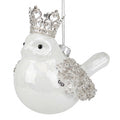 Addobbo natalizio in vetro a forma di uccellino bianco perlato con corona argentata e ali di perline e paillettes
