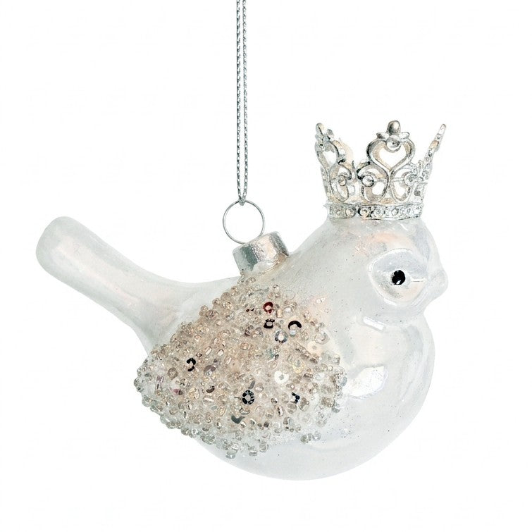 Uccellino di vetro bianco con coroncina argento e ala decorata con perline, tappo argentato e cordino, da appendere