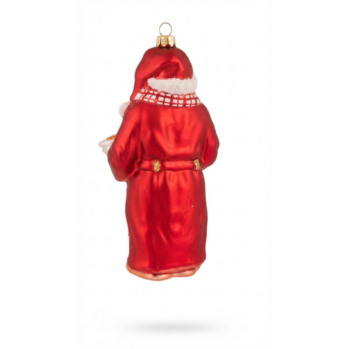 Babbo Natale di vetro visto da dietro: vestaglia rossa con cappuccio bordato di bianco e cintura in vita