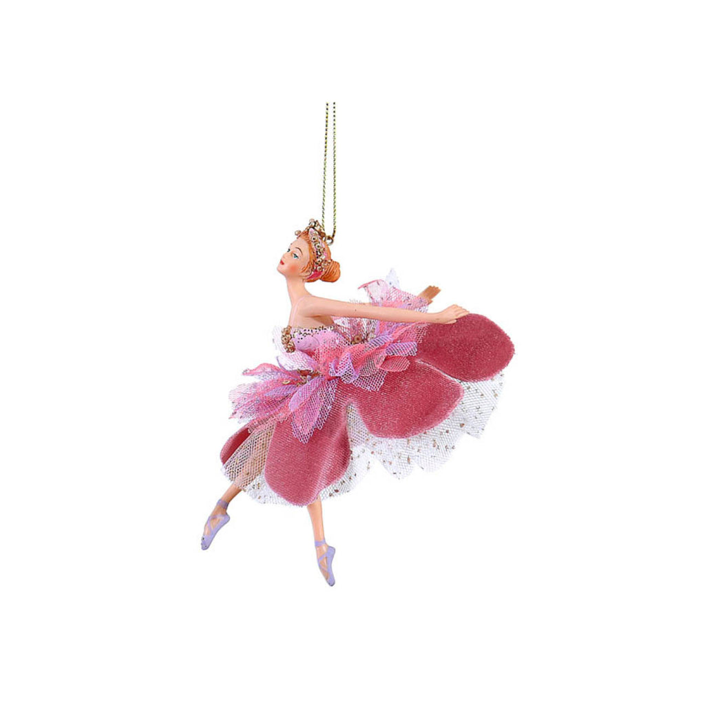 Ballerina in resina con gonna a petali di velluto rosa antico e tulle lilla, in posa di salto con scarpette lilla e coroncina dorata
