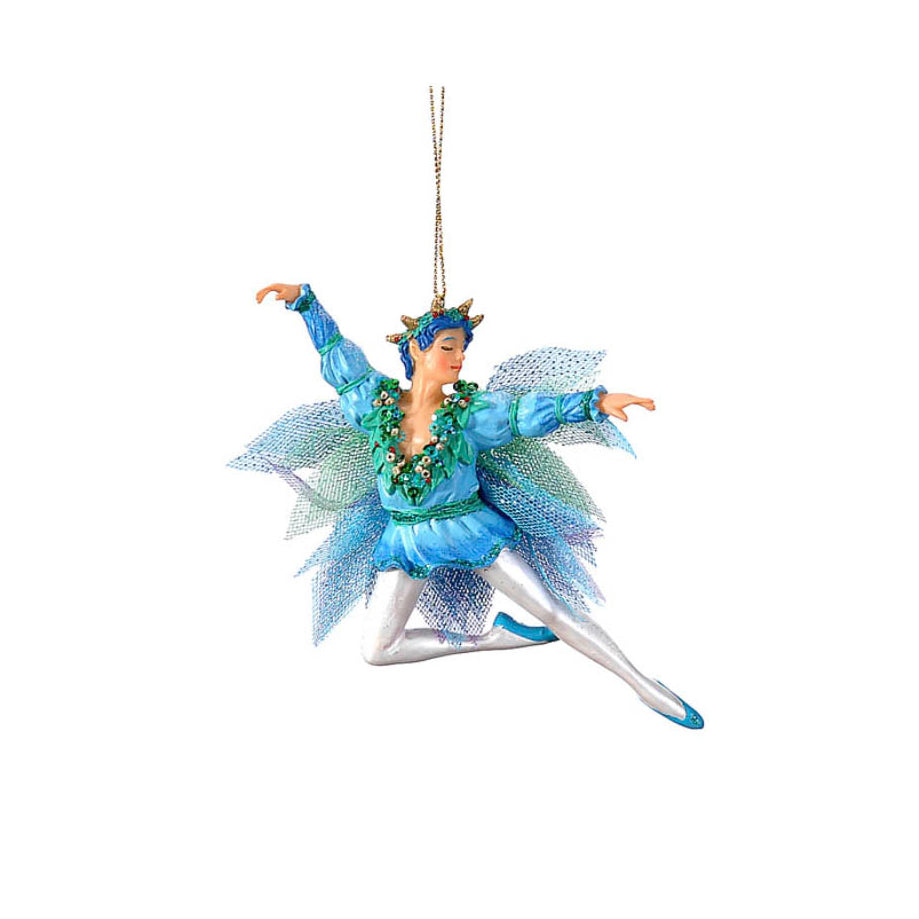 Folletto danzatore in resina vestito d'azzurro con collana di foglie e bacche, corona dorata, ali di tulle e calzamaglia argentata