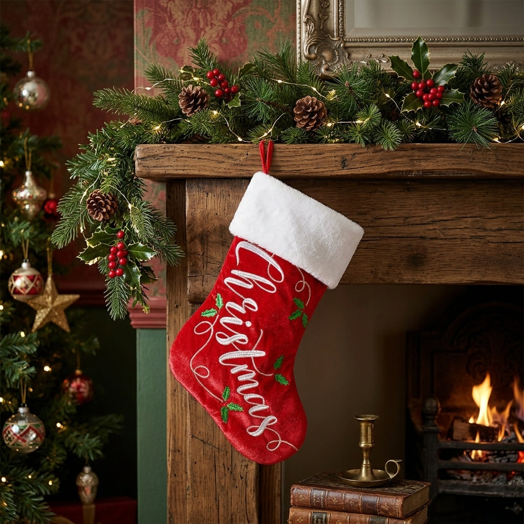 Calza di Natale in velluto rosso con bordo di pelo bianco e la scritta Christmas ricamata in bianco con foglie di agrifoglio, appesa a una mensola di legno con ghirlanda di abete illuminata