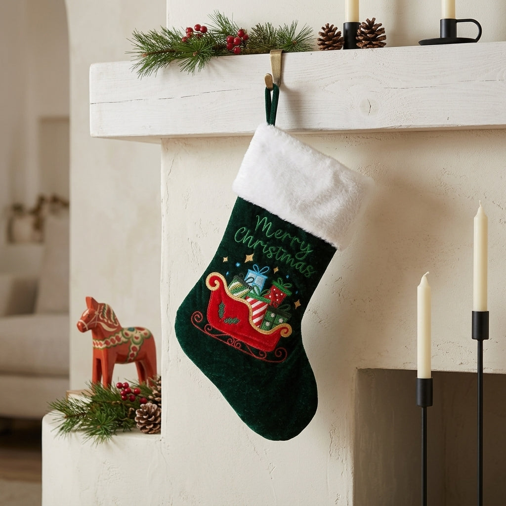 Calza di Natale in velluto verde con bordo di pelo bianco, ricamo di una slitta rossa piena di regali e la scritta Merry Christmas, appesa a un camino con rametti di abete e pigne