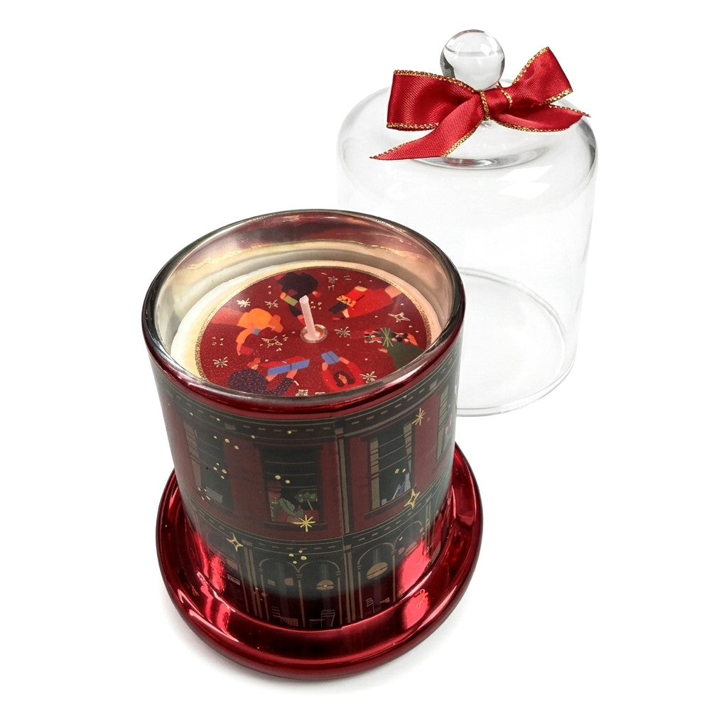 Candela al caramello salato in vetro rosso metallizzato con cera decorata e campana trasparente con fiocco rosso bordato d’oro