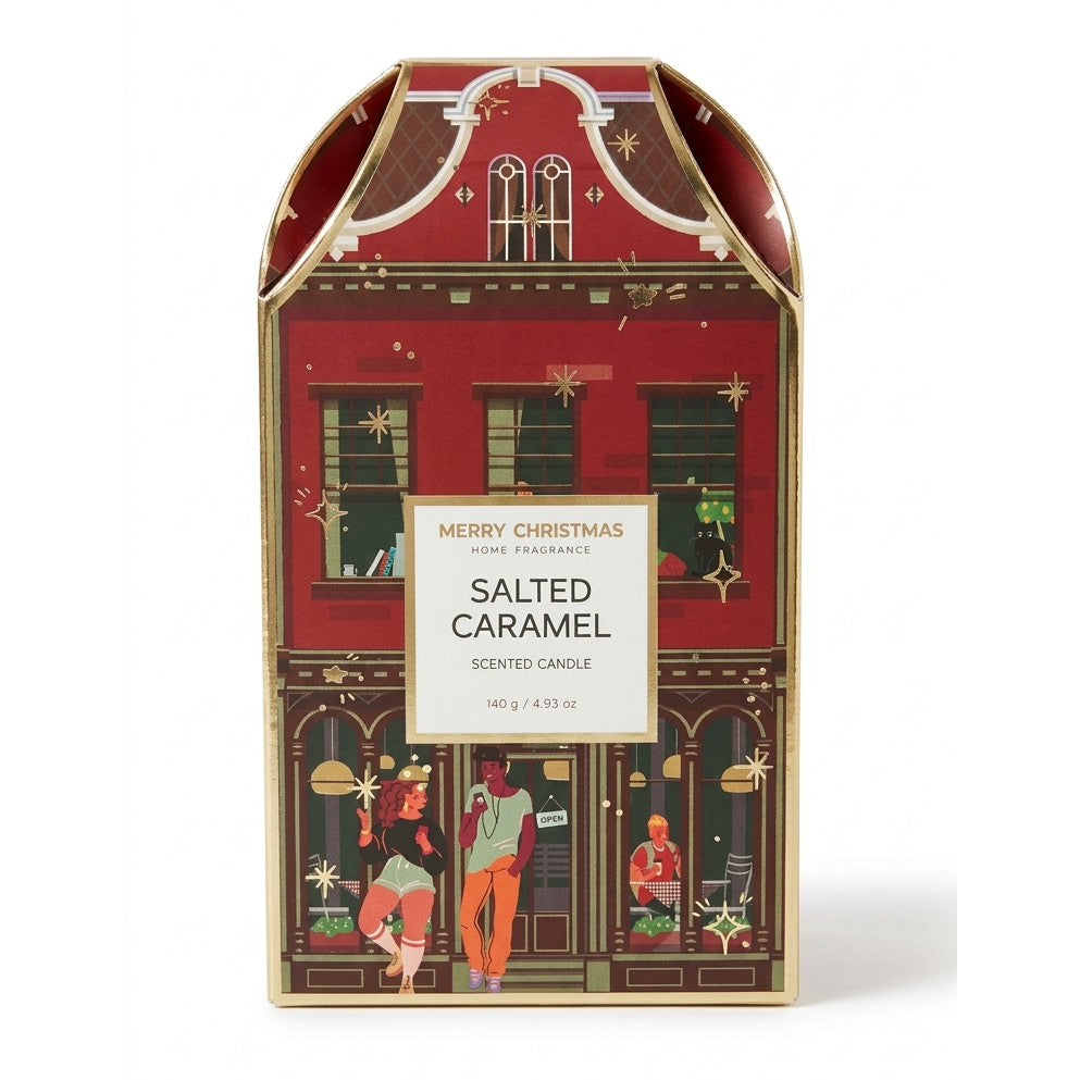 Scatola regalo a forma di casetta rossa e oro per candela profumata al caramello salato da 140 g, con illustrazione natalizia