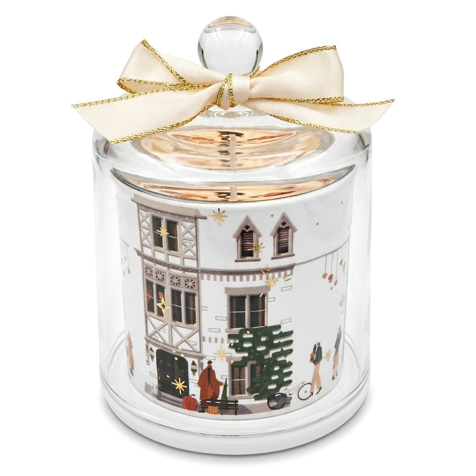 Candela alla vaniglia in vaso bianco decorato con campana in vetro trasparente e fiocco color panna bordato d’oro