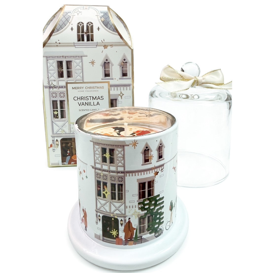 Candela profumata alla vaniglia in vaso bianco con campana in vetro, fiocco color panna e scatola regalo a casetta