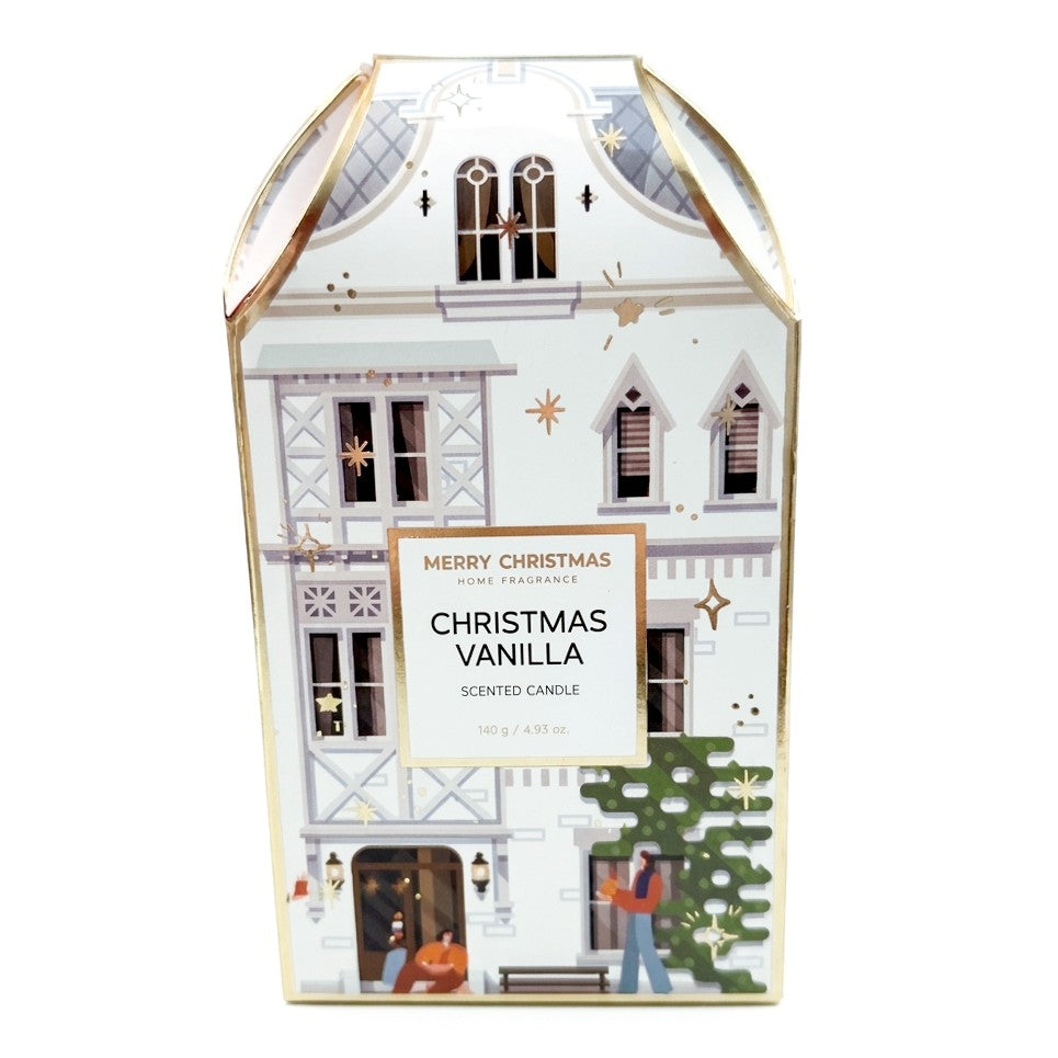 Scatola regalo a forma di casetta bianca e oro per candela profumata alla vaniglia da 140 g, con illustrazione natalizia