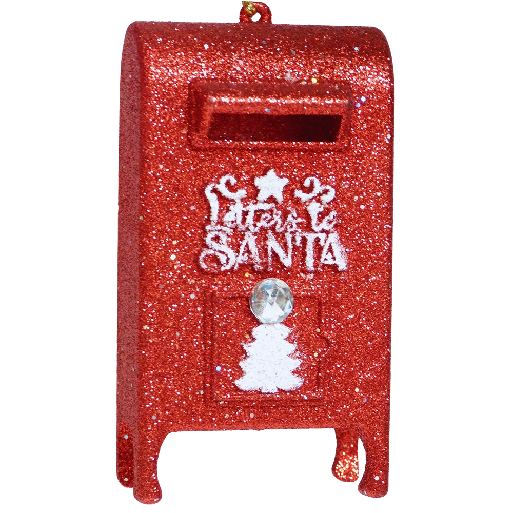 Addobbo a forma di cassetta della posta rossa glitterata con la scritta Letters to Santa, alberello bianco e piccolo cristallo