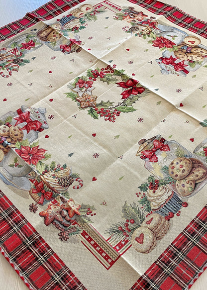 tovaglia gobelin natalizia tartan e dolci