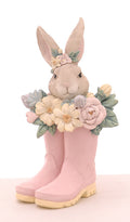 decorazione pasqua fiori e coniglietto dentro stivali rosa 
