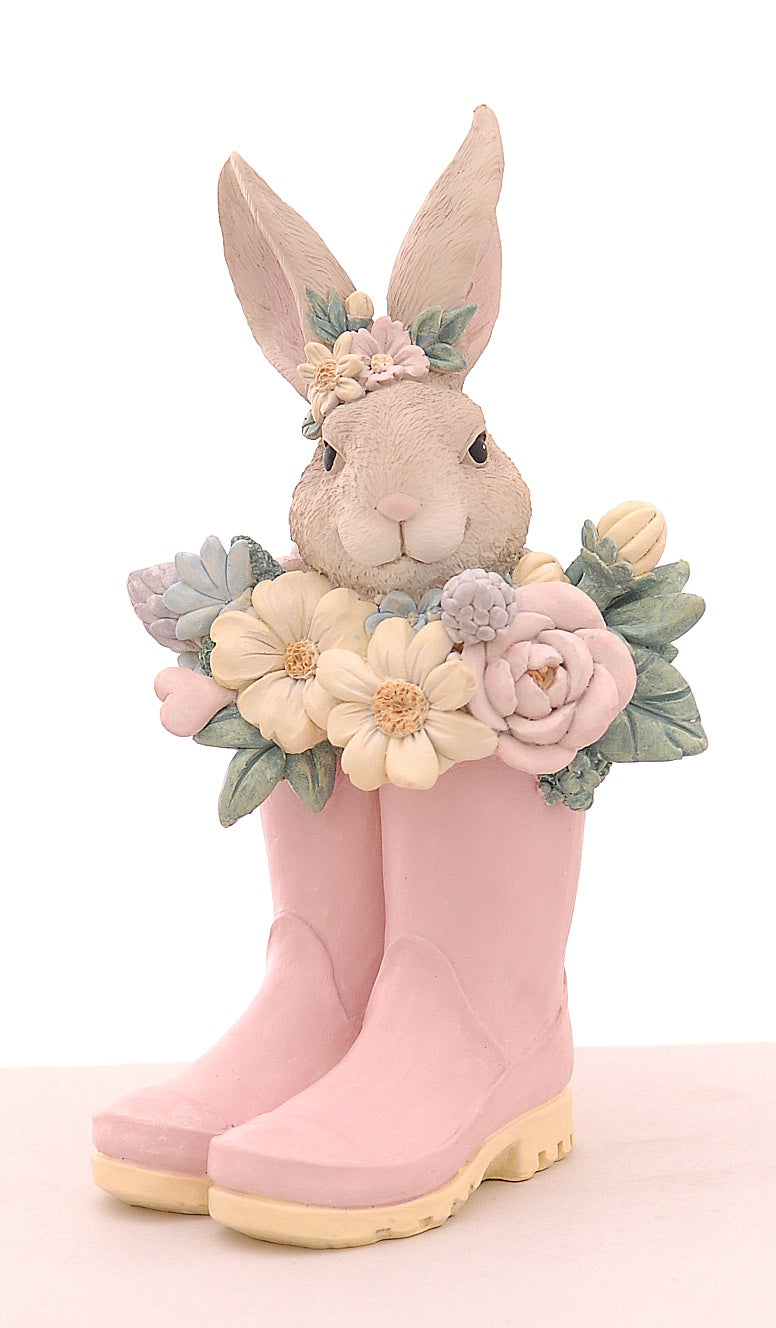 decorazione pasqua fiori e coniglietto dentro stivali rosa 