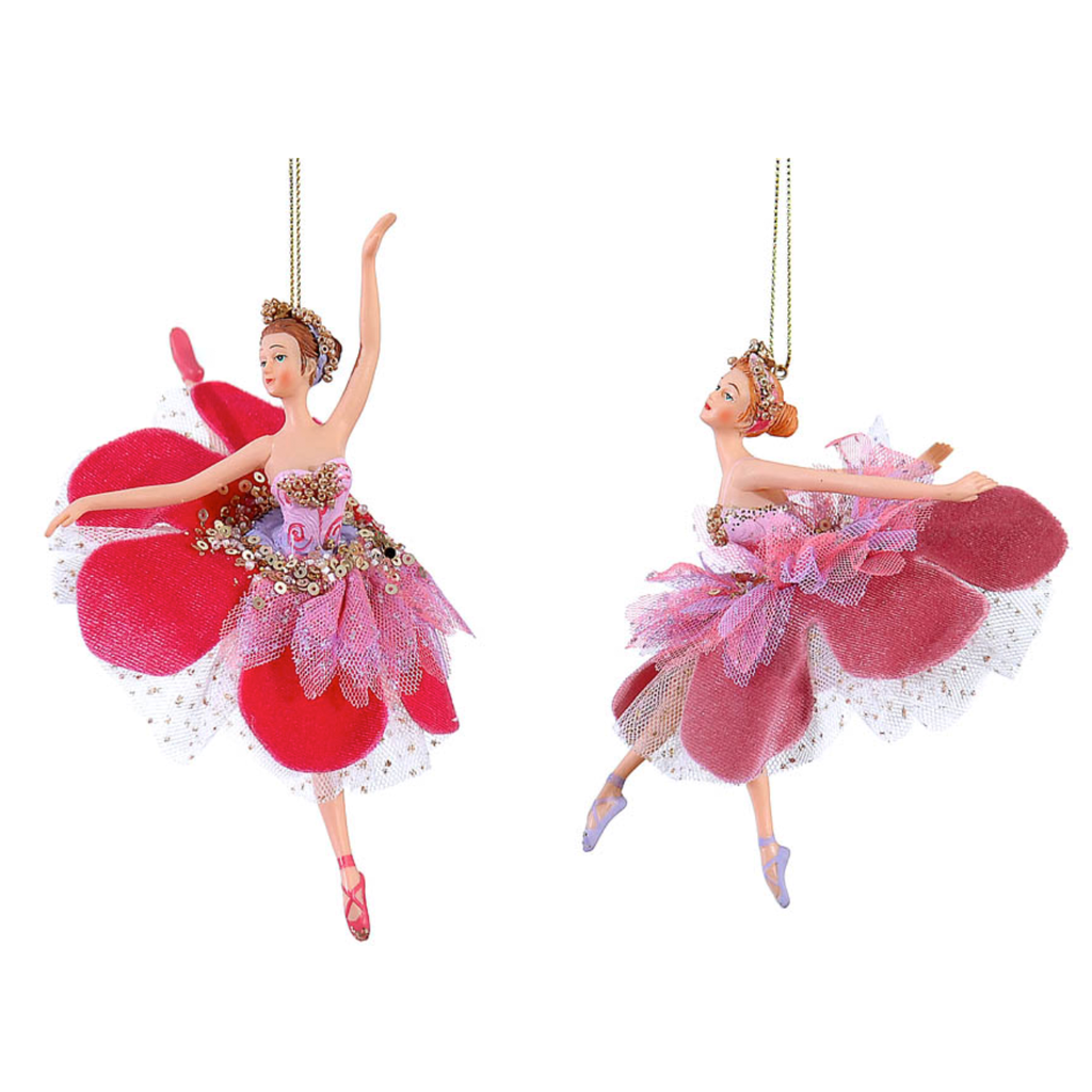 Coppia di ballerine in resina con gonne a petalo di fiore: una fucsia con paillettes dorate, l'altra rosa antico con tulle lilla