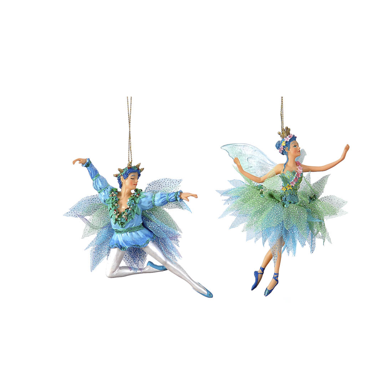 Coppia di addobbi in resina: un danzatore in azzurro con ali di tulle e una fata con gonna di tulle verde e azzurro, appesi a fili dorati