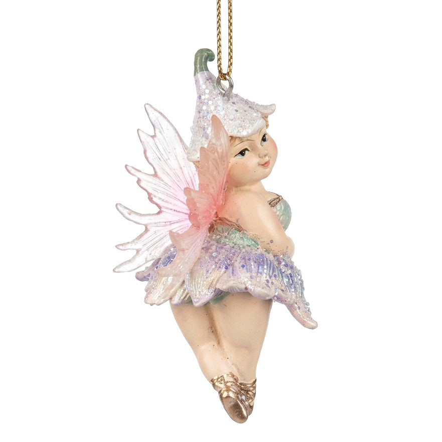 Fatina ballerina lilla di tre quarti con ali rosa trasparenti e cappellino a campanula, addobbo natalizio glitterato