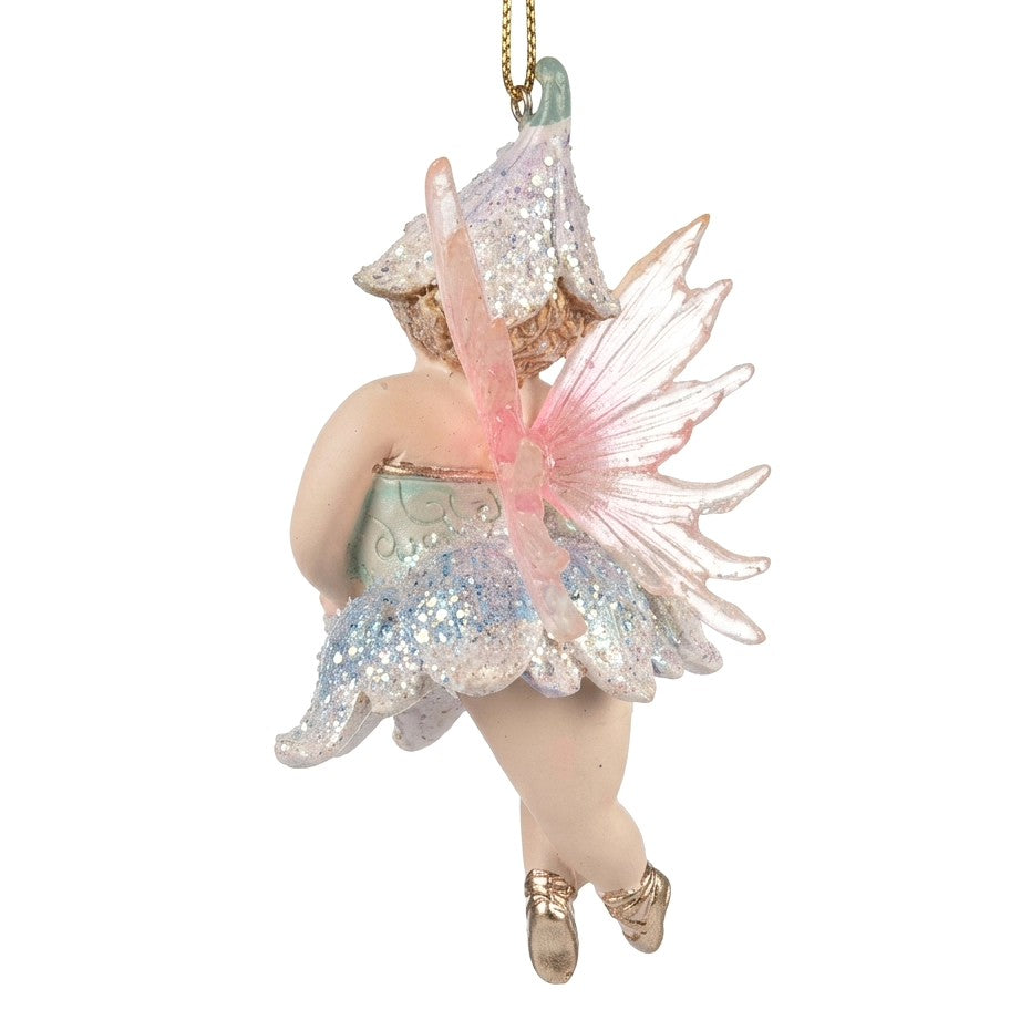 Fatina ballerina lilla e menta vista da dietro, con grandi ali rosa trasparenti e tutù glitterato, decorazione natalizia