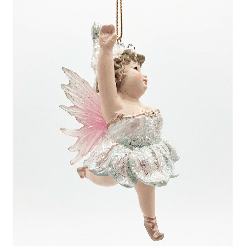 Fatina ballerina bianco perlato di profilo, braccio alzato, ali rosa e tutù glitterato, addobbo albero di Natale