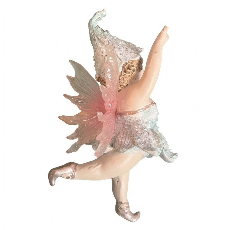 Fatina ballerina bianco perlato vista da dietro con ali rosa, cappellino a fiore e tutù glitterato, addobbo natalizio