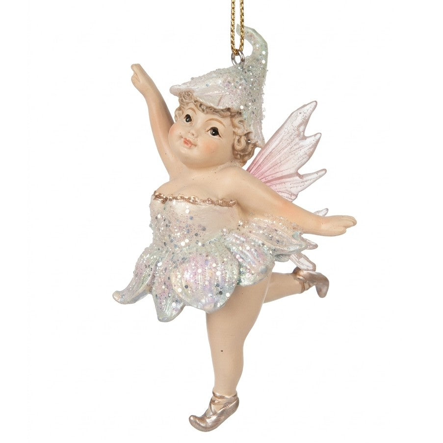 Fatina ballerina bianco perlato con tutù a petali glitterato, ali rosa e cordino oro, addobbo natalizio da appendere