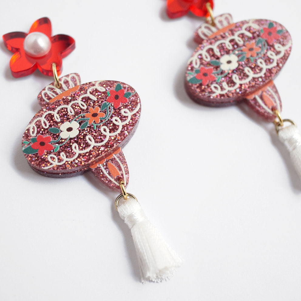 orecchini artigianali festività natalizia glitter e fiori