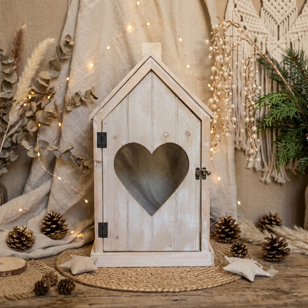 lanterna natalizia decorativa legno sbiancato cuore