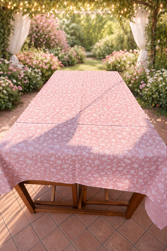 tovaglia rosa con roselline bianche 6 persone