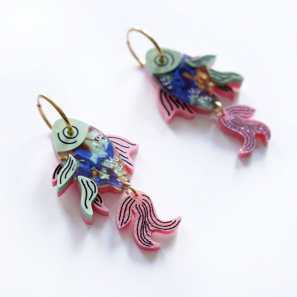 orecchini artigianali pesciolini rosa blu