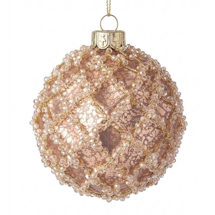 Pallina di Natale in vetro champagne effetto anticato con rete di perline sfaccettate e filo oro, da appendere