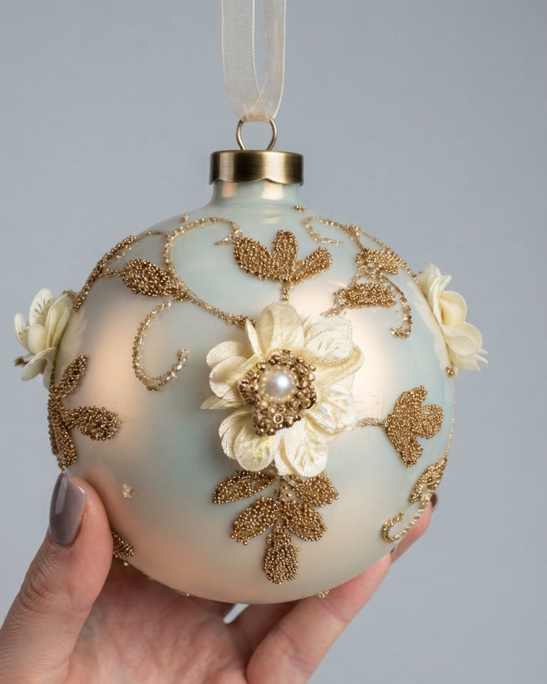 palla natalizia da appendere bianca fiori oro albero natale