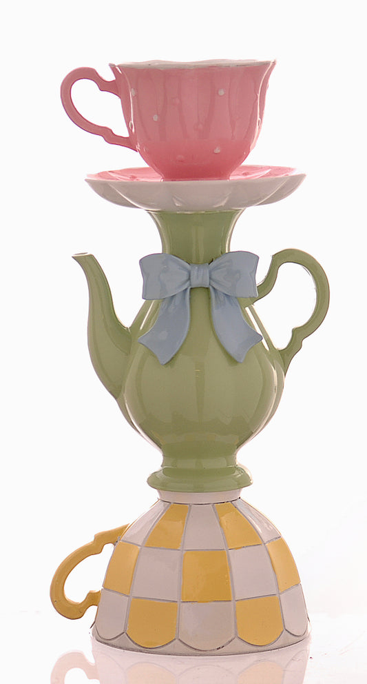 decorazione porta candela teiera verde e tazze da tè