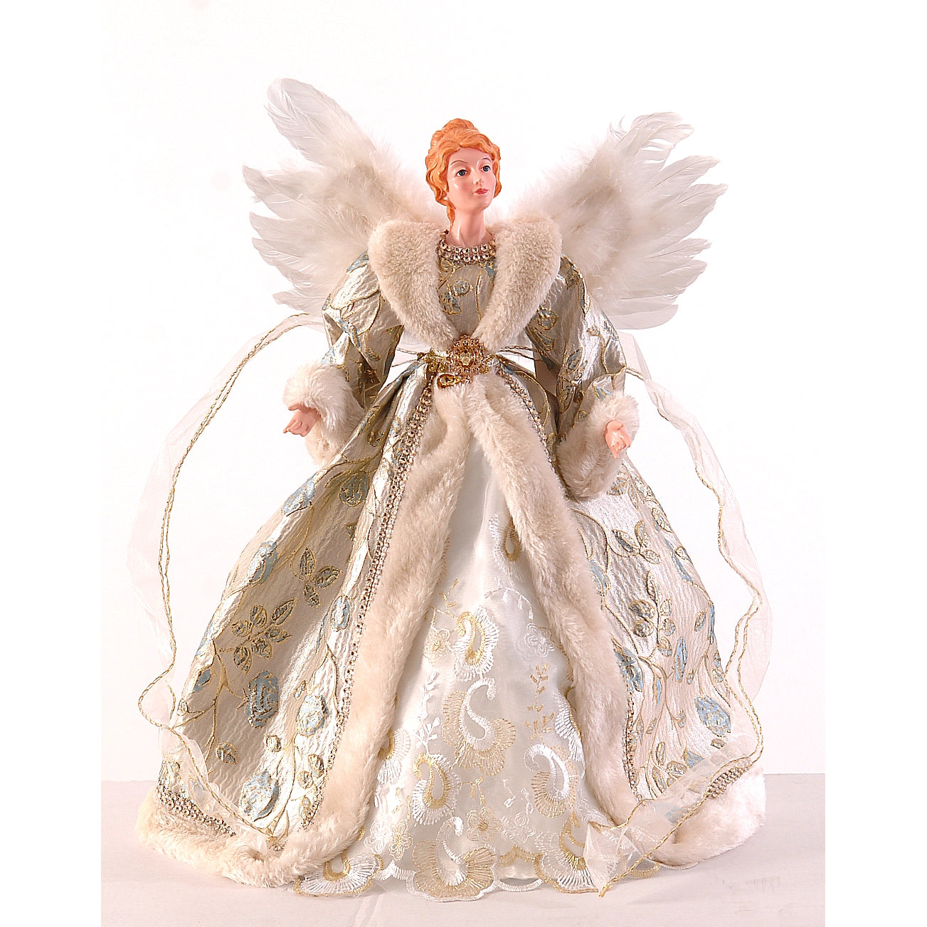 puntale angelo vestito bianco oro con fiori azzurri