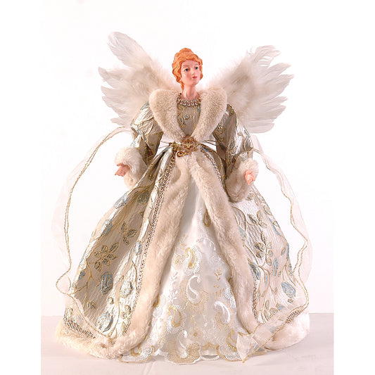 puntale angelo vestito bianco oro con fiori azzurri